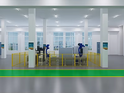 Industrial Factory Interior With Robotic Arms Yellow Safety Fences And Green Markings 3d model