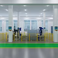 Industrial Factory Interior With Robotic Arms Yellow Safety Fences And Green Markings