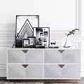 Modern Console Cabinet With Herringbone Pattern Gold Accents And Decorative Items 3d model