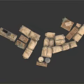 Essential Household Supplies Collection with Wooden Crates Canvas Sacks Metal Barrels and Trolley