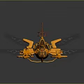 Yellow Mechanical Insect With Purple Glowing Wings Multiple Legs And Small Tower Sci Fi Design