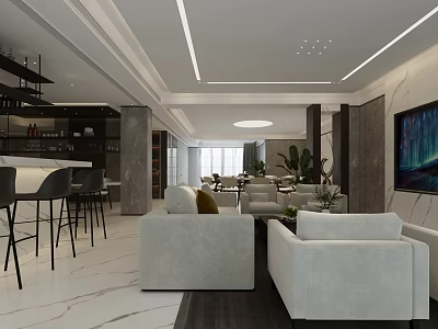 Modern Living Dining Room Interior With White Sofas Coffee Table Plants And Bar Counter 3d model