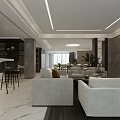 Modern Living Dining Room Interior With White Sofas Coffee Table Plants And Bar Counter