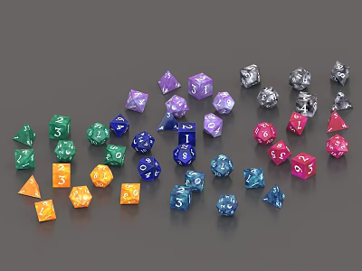 Game Table Featuring Colorful Polyhedral Dice in Multiple Colors for Board Games 3d model