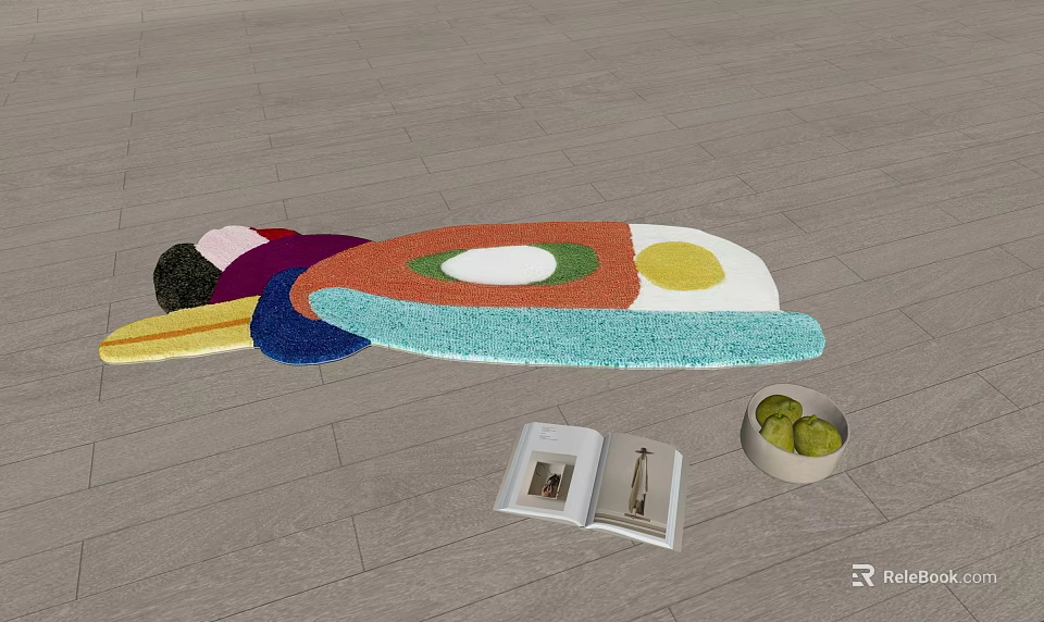 Stylish Shaped Carpet with Colorful Patterns on Floor and Open Book Nearby 3d model 