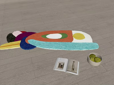 Stylish Shaped Carpet with Colorful Patterns on Floor and Open Book Nearby 3d model