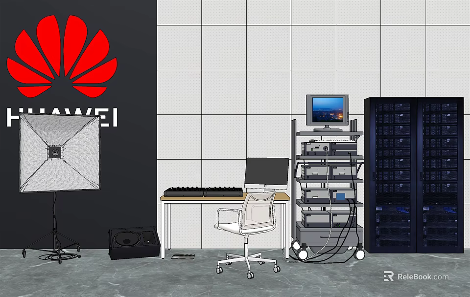 HUAWEI Headphone Audio Equipment In Professional Workspace With Server Racks And Monitor 3d model 