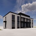 Modern Two Story Office Building With Large Glass Windows And Black White Exterior