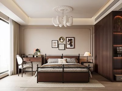 Elegant Bedroom Interior With Brown Bed Frame Decorative Wall Art And Wooden Bookshelf 3d model