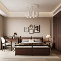 Elegant Bedroom Interior With Brown Bed Frame Decorative Wall Art And Wooden Bookshelf