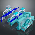 Industrial Mechanical Equipment System With Blue Light Blue Pipes And Machinery Components