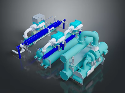 Industrial Mechanical Equipment System With Blue Light Blue Pipes And Machinery Components 3d model