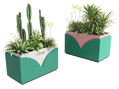 Green Planters With Pink Stripes White Logo Holding Decorative Potted Plants Cacti Greenery Yellow Flowers 3d model