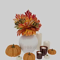 Autumn Themed Decorative Ornament Set With White Ribbed Vase Maple Leaf Arrangement Pumpkins And Candles