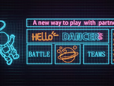Vibrant Blue Pink Neon Decorative Lights with Hello Dancer Battle Teams Text Astronaut Planet Designs 3d model
