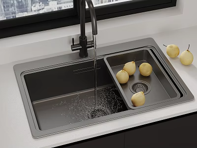 Stainless Steel Kitchen Sink With Running Water And Fresh Pears On Countertop 3d model