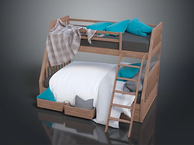 Wooden Bunk Bed Furniture With Storage Drawers And Blue Pillows White Sheets 3d model