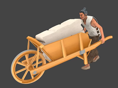 Man Pushing Heavy White Load On Wooden Wheelbarrow In Traditional Outfit 3d model