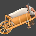 Man Pushing Heavy White Load On Wooden Wheelbarrow In Traditional Outfit