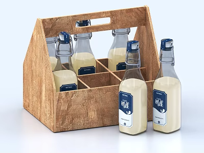 Bottled Milk Beverage in Divided Wooden Carrier with Labeled Clear Glass Bottles 3d model
