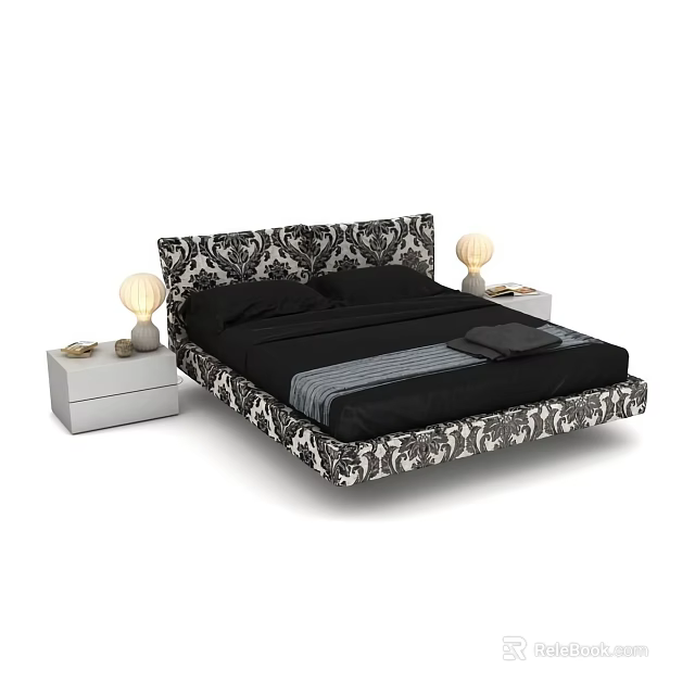 Double Bed With Black And White Patterned Frame Black Sheets Two White Nightstands Table Lamps 3d model