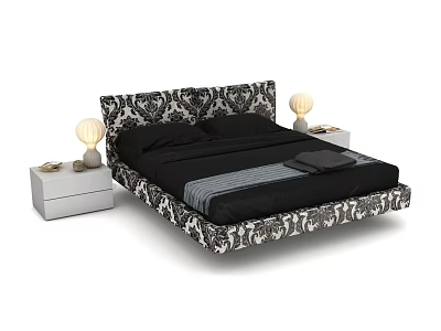 Double Bed With Black And White Patterned Frame Black Sheets Two White Nightstands Table Lamps 3d model