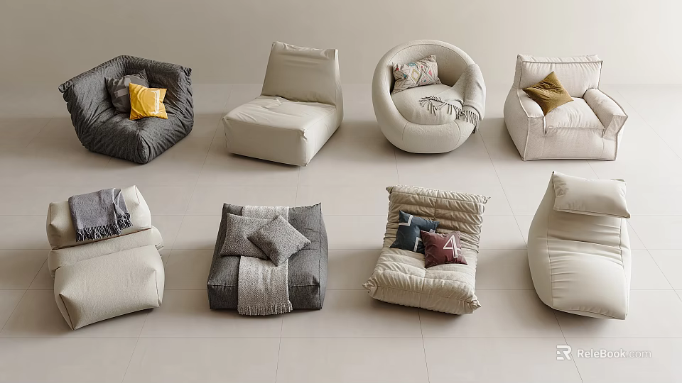 Various Bean Bag Sofa Designs Gray Beige White with Decorative Pillows for Modern Living Room 3d model 