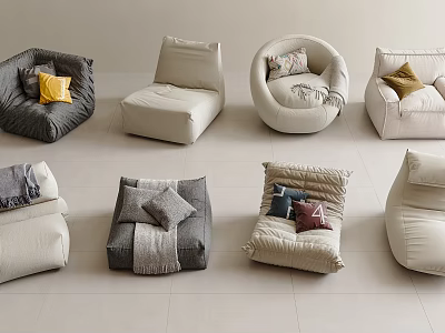 Various Bean Bag Sofa Designs Gray Beige White with Decorative Pillows for Modern Living Room 3d model