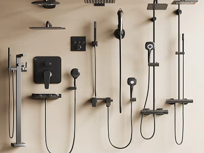 Multiple Modern Shower Heads and Handheld Sprayers Displayed on Beige Wall with Different Designs 3d model