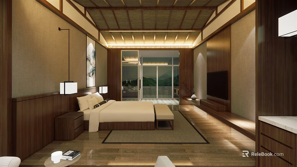 Hotel Guest Room Traditional Wooden Interior With Large Bed Floor to Ceiling Windows Mountain View 3d model 