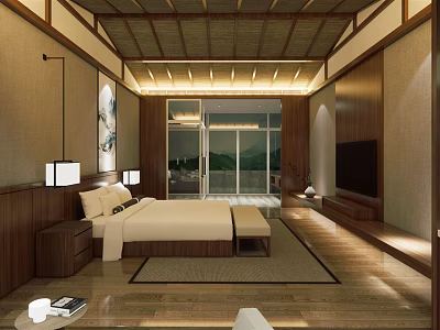 Hotel Guest Room Traditional Wooden Interior With Large Bed Floor to Ceiling Windows Mountain View 3d model
