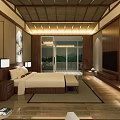 Hotel Guest Room Traditional Wooden Interior With Large Bed Floor to Ceiling Windows Mountain View