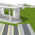 Modern Pergola With Transparent Roof Outdoor Seating On Green Lawn And Striped Paved Paths