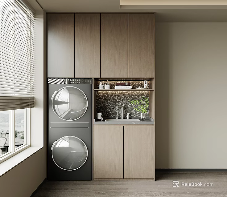 Modern Wooden Balcony Cabinet With Stacked Washing Machine Sink And Storage Space 3d model 
