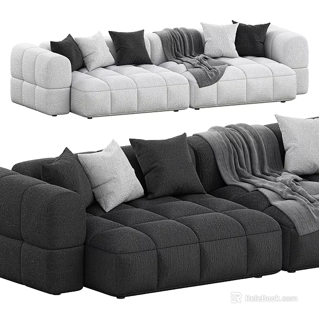 Modern Spacious Sectional Sofa With Tufted Design Multiple Cushions And Throw Blanket 3d model 