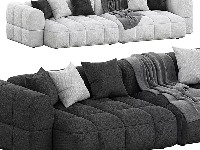Modern Spacious Sectional Sofa With Tufted Design Multiple Cushions And Throw Blanket 3d model