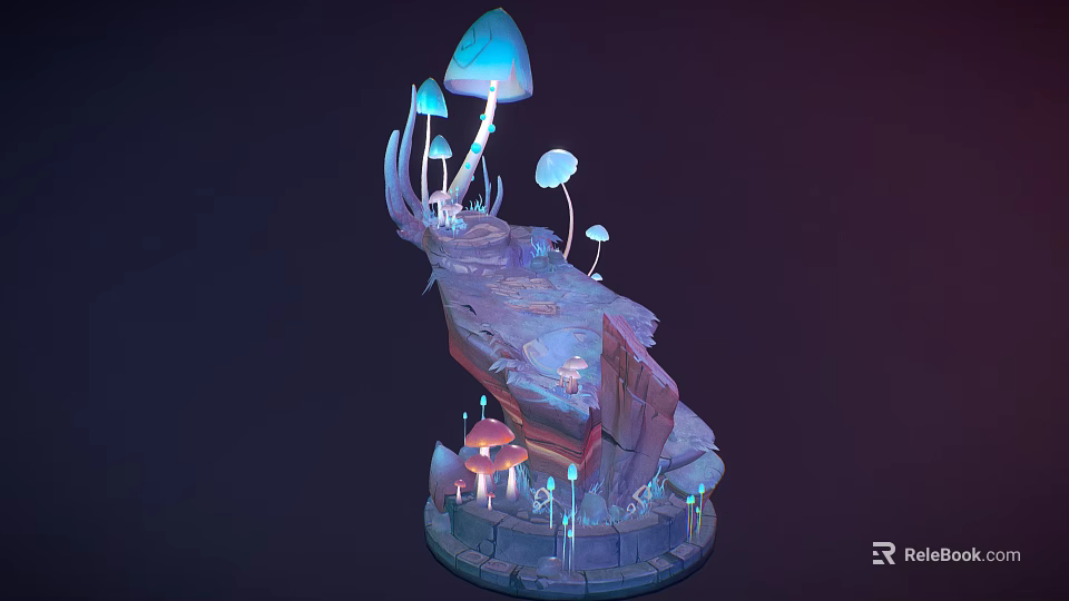 Detailed Cartoon Scene With Glowing Mushrooms Rock Platform And Colorful Fantasy Elements 3d model 