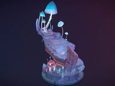 Detailed Cartoon Scene With Glowing Mushrooms Rock Platform And Colorful Fantasy Elements 3d model