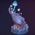Detailed Cartoon Scene With Glowing Mushrooms Rock Platform And Colorful Fantasy Elements