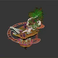 Modern Architectural Component With Spiral Structure Red Tree Like Decorations And Platform