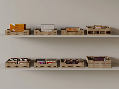 Organized Light Colored Shelves with Wooden Storage Boxes Holding Packaged Food Items 3d model