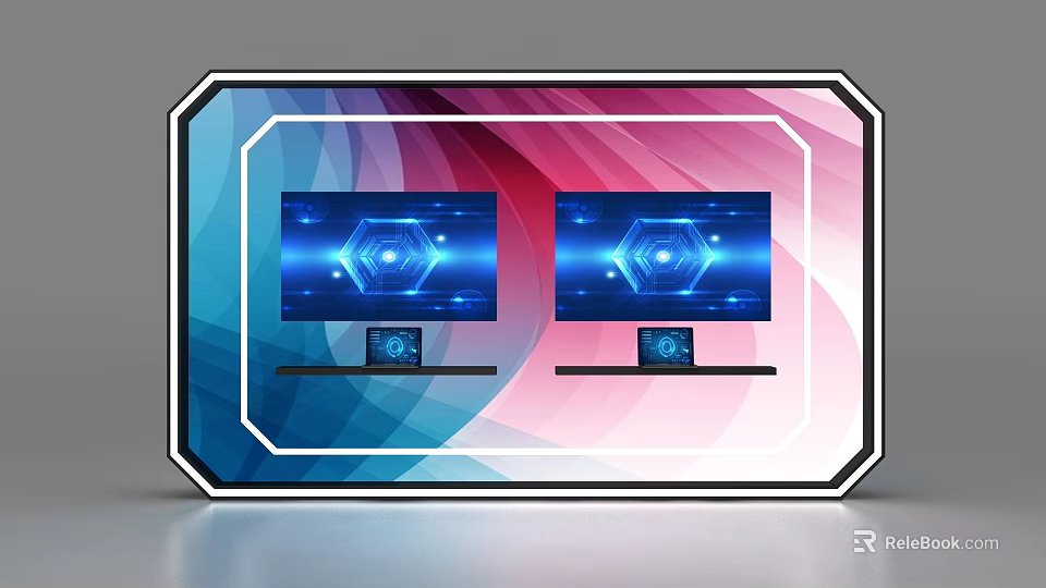 Commercial Display Equipment With Dual Screens Hexagon Pattern And Gradient Wave Background 3d model 