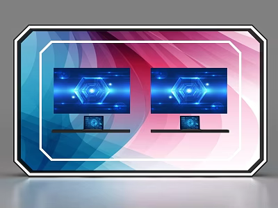 Commercial Display Equipment With Dual Screens Hexagon Pattern And Gradient Wave Background 3d model