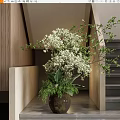 Potted Bonsai Plant With White Flowers Green Foliage In Dark Brown Pot By Corridor Stairs