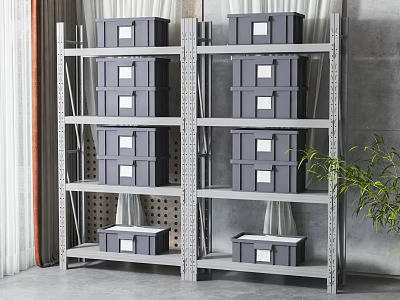 Modern Metal Storage Shelves With Gray Storage Boxes For Practical Home Organization 3d model