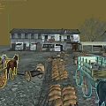 Traditional Town Scenery with Red Roofed Buildings Wooden Balconies Stone Paths Vintage Wheelbarrows and Barrels