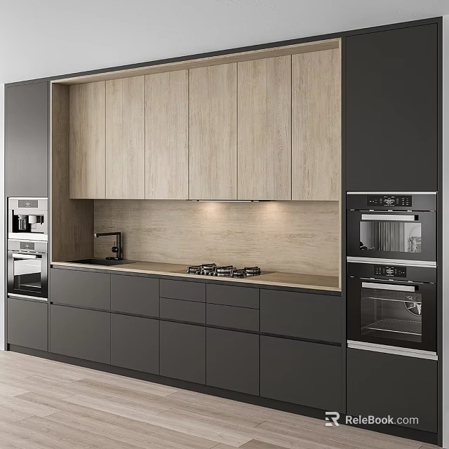 Modern Kitchen Interior With Light Wood Upper Cabinets Dark Lower Cabinetry And Countertop 3d model 
