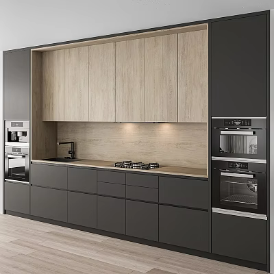 Modern Kitchen Interior With Light Wood Upper Cabinets Dark Lower Cabinetry And Countertop 3d model