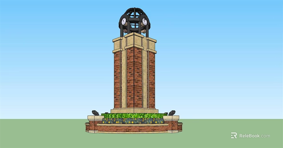 Brick Tower With Black Dome Top Clock And Green Plants Base Decoration 3d model 