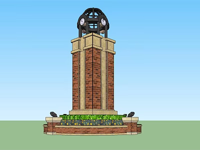Brick Tower With Black Dome Top Clock And Green Plants Base Decoration 3d model